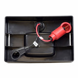 125 Amp 32 Volt Electronic Quick Disconnect Battery Cable with Fuseable Link shown in a black plastic tray, featuring various wires, a red cable, and a white metal strip with a hole.