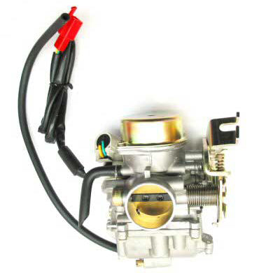 Close-up of a 125cc-150cc High Performance GY6 Scooter, ATV, and Dirt Bike Carburetor showing vacuum hoses, wiring, and a 2-pin red connector, emphasizing the 32 mm air intake for enhanced performance.