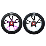 125 mm Crisp Alloy Core Drilled Kick Scooter Wheel featuring a black wheel with a silver rim and a black wheel with a purple rim, showcasing high-end CNC 6061 alloy core and ABEC 9 bearings.