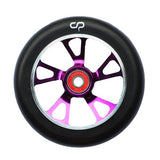 125 mm Crisp Alloy Core Drilled Kick Scooter Wheel featuring a black tire with a distinct purple rim, designed for high performance with ABEC 9 bearings and a CNC 6061 alloy core.