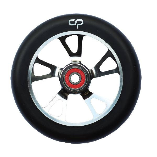 125 mm Crisp Alloy Core Drilled Kick Scooter Wheel showcases a black wheel with a silver rim, featuring a CNC 6061 alloy core and an 88A polyurethane tire, perfect for high-performance scooters.