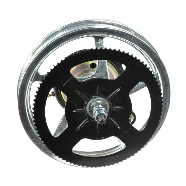 12-1/2 x 3.0 (12.5x3.0) Rear Rim Assembly with Drum Brake, featuring a black and silver wheel, bearings, 90-tooth #25 chain sprocket, and axle, compatible with various Currie electric scooters.