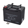 A black 12 Volt U1 AGM type mobility scooter battery with a red positive terminal, a black negative terminal, labeled 'Universal Battery' with the model number 'UB12350'.