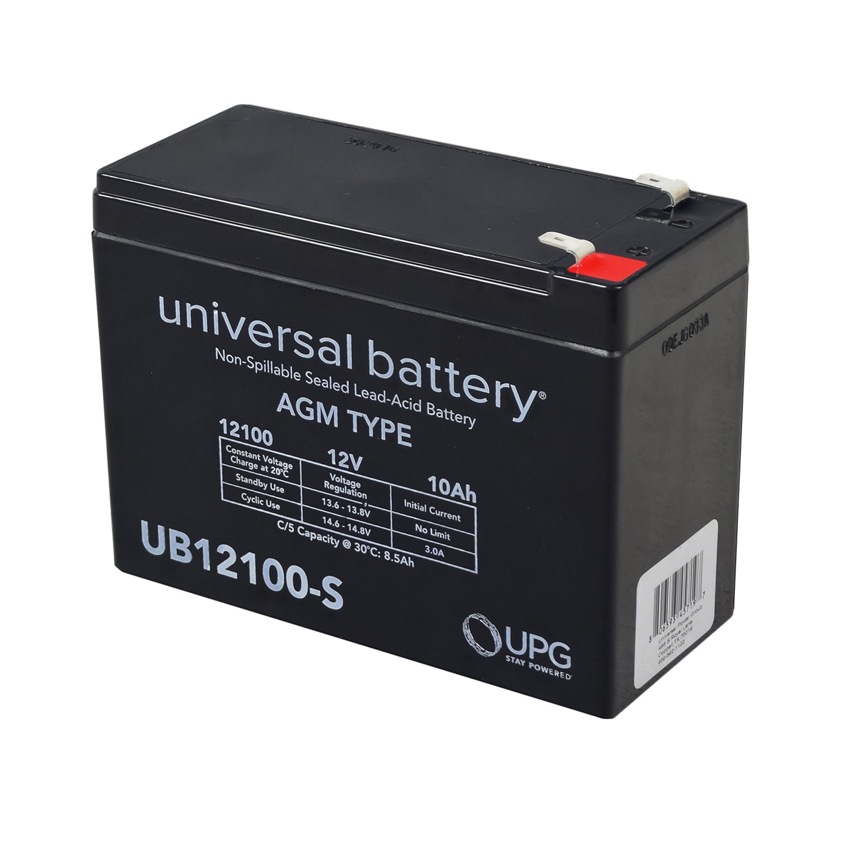 10 Ah 12 Volt UB12100-S AGM Scooter Battery, a black rectangular battery with white text, showcasing high-quality, maintenance-free design ideal for electric scooters.