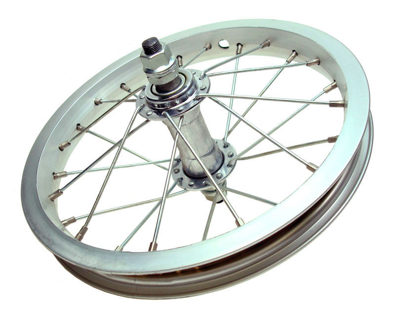 Close-up of a 12-1/2 Spoked Front Rim, showcasing aluminum construction with visible spokes, bearings, and axle, compatible with GT, i-Zip, Mongoose, Schwinn, and more electric scooters.