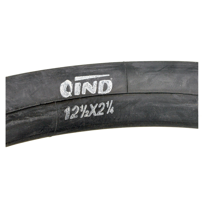 Close-up of a 12-1/2x2-1/4 Heavy-Duty Thorn Resistant Scooter Inner Tube with 32mm Straight Valve Stem, showcasing its thick black rubber with white text, designed for puncture resistance and compatibility with various e-scooters.