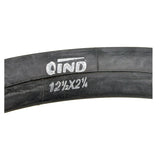 Close-up of a 12-1/2x2-1/4 Heavy-Duty Thorn Resistant Scooter Inner Tube with 32mm Straight Valve Stem, showcasing its thick black rubber with white text, designed for puncture resistance and compatibility with various e-scooters.