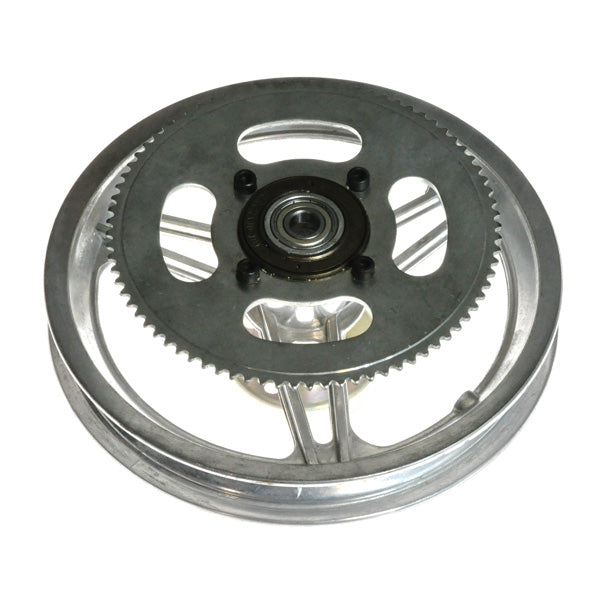 12-1/2'' x 2-1/4 Rear Rim with Straight Spokes & 80 Tooth #25 Chain Sprocket, featuring a close-up of the metal gear assembly, bearings, and brake drum for Chinese electric scooters.