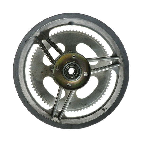 12-1/2'' x 2-1/4 Rear Rim with Straight Spokes & 80 Tooth #25 Chain Sprocket, featuring a metal gear wheel with a nut, bearings, and brake drum for electric scooters.