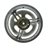 12-1/2'' x 2-1/4 Rear Rim with Straight Spokes & 80 Tooth #25 Chain Sprocket, featuring a metal gear wheel with a nut, bearings, and brake drum for electric scooters.