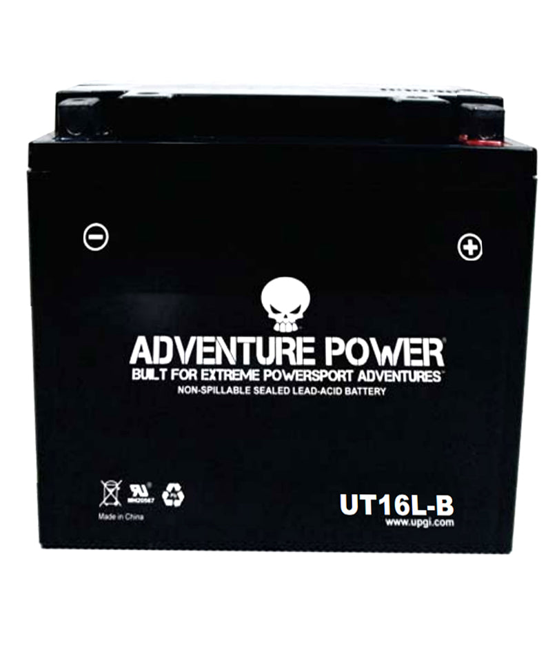 12 Volt 17 Ah UT16L-B Sealed AGM Snowmobile Battery, black with white text, ideal for Arctic Cat snowmobiles from the 1980s-1990s, also suitable for ATVs, scooters, and motorcycles.