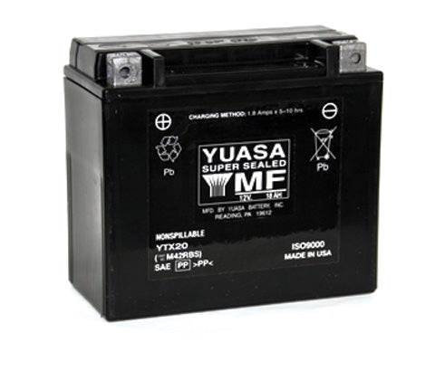 12 Volt 18 Ah YTX20 Sealed AGM Snowmobile Battery, black with white text, featuring a maintenance-free design ideal for Arctic Cat models, ATVs, motorcycles, scooters, and personal watercraft.