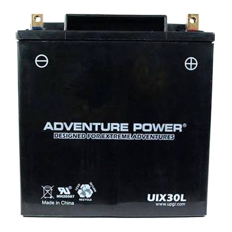 12 Volt 30 Ah UIX30L Sealed AGM Snowmobile Battery with white text on a black surface, showcasing the brand logo. Ideal for older snowmobiles, ATVs, scooters, and motorcycles, offering maintenance-free and leak-proof performance.