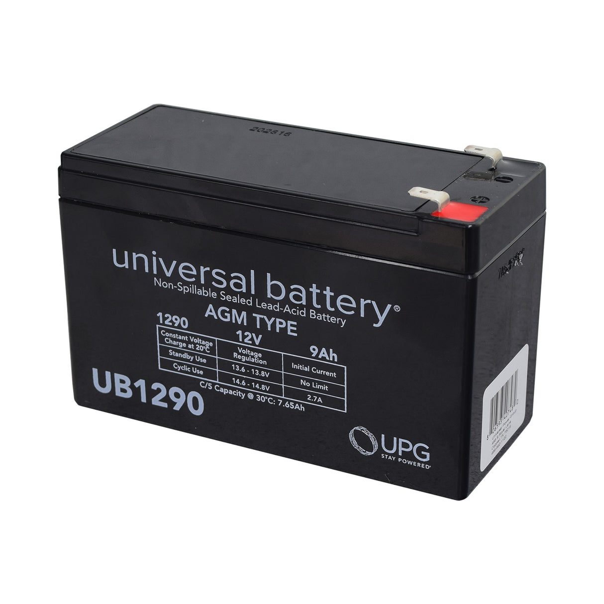 9 Ah 12 Volt UB1290 AGM Scooter Battery, black rectangular with white text, shown close-up, highlighting barcode and label, designed for various electric and gas scooters.