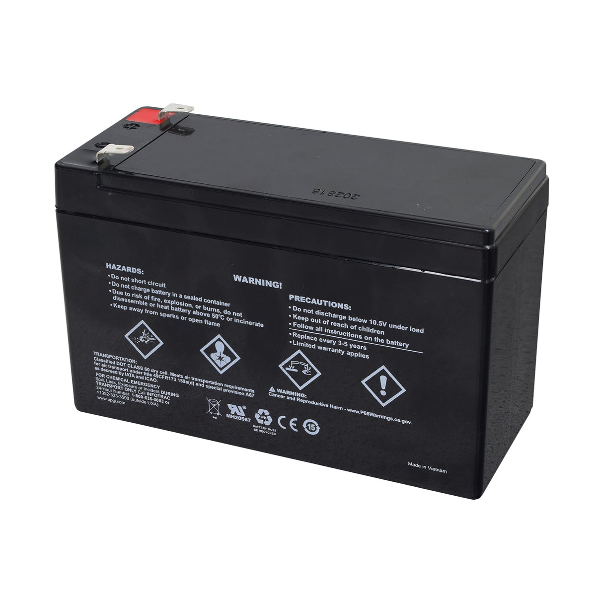 9 Ah 12 Volt UB1290 AGM Scooter Battery; black rectangular battery with white text and symbols, ideal for electric scooters, mini choppers, and pocket bikes.