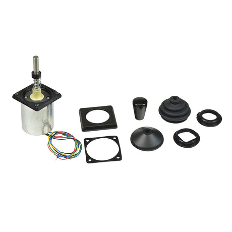 12 Volt Inductive Joystick Gimbal Assembly featuring a metal cylinder, black cone-shaped object, wires, and rubber components, designed for Jazzy power chairs, including joystick boot, knob, and covers.