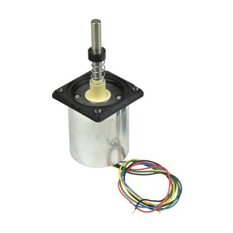 12 Volt Inductive Joystick Gimbal Assembly for power chairs, featuring a small metal cylinder with wires, a metal spring, joystick boot, knob, and covers, essential for Jazzy, Pilot, and Q-Tronix models.