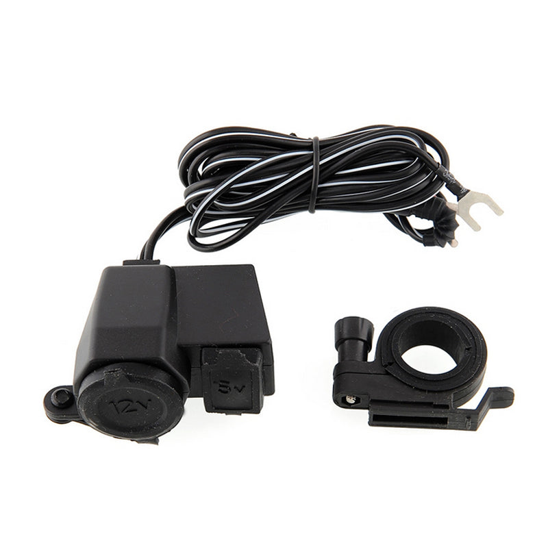 12 Volt USB Charging Adapter for Scooters, ATVs, Dirt Bikes, & Go-Karts: A black adapter device with a cable, designed for mounting on handlebars and featuring a waterproof cigarette lighter style power port and USB port.