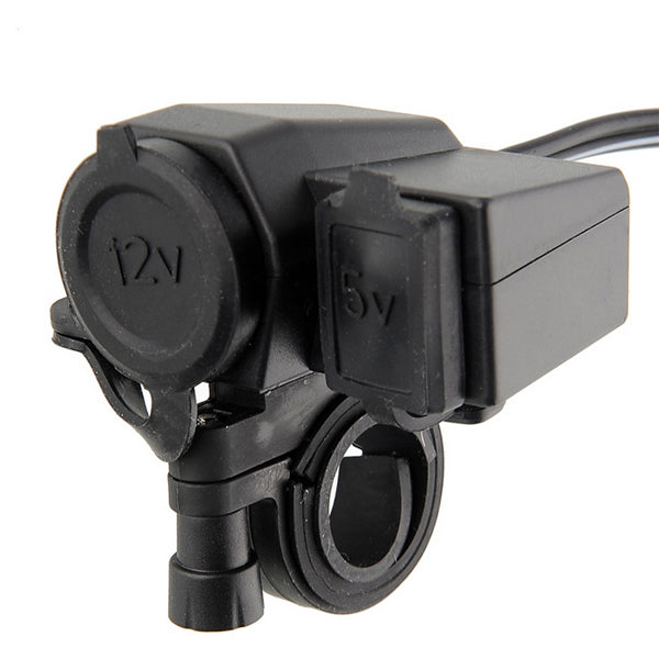 12 Volt USB Charging Adapter for Scooters, ATVs, Dirt Bikes, & Go-Karts showing a close-up of a black device with a USB port and attached power cord.