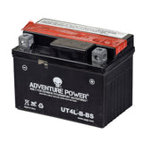 12 Volt YT4L-BS Replacement Dry Charged AGM Battery for TaoTao ATM50-A1 Scooter, featuring a compact black design with red and white text, and designated positive and negative terminals clearly marked.