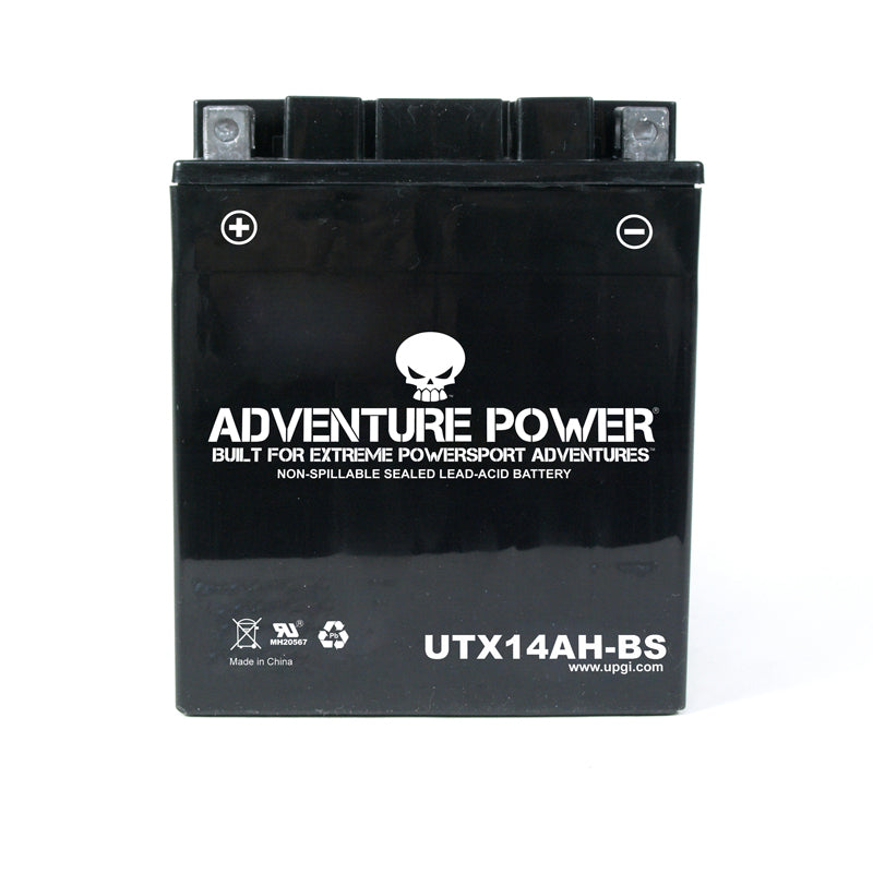 12 Volt UTX14AH-BS (YTX14AH-BS Replacement) Dry Charged AGM Scooter, ATV, and Dirt Bike Battery featuring black casing with white text, positive terminal on left, negative on right.