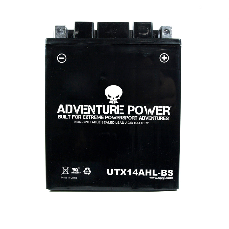 12 Volt UTX14AHL-BS (YTX14AHL-BS Replacement) Dry Charged AGM Scooter, ATV, and Dirt Bike Battery with white text, visible terminals on a black box.