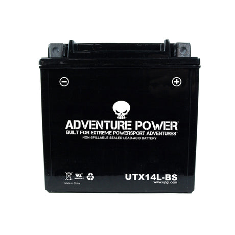 12 Volt UTX14L-BS (YTX14L-BS Replacement) Dry Charged AGM Scooter, ATV, and Dirt Bike Battery, showing a black battery with white text and a white skull with black eyes on its label.