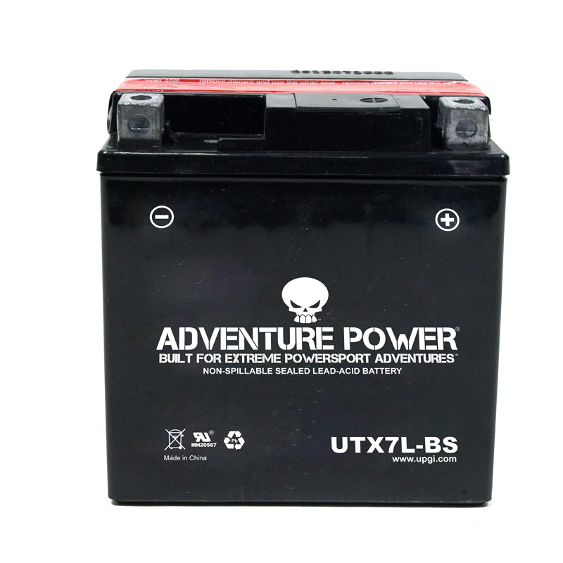 12 Volt UTX7L-BS (YTX7L-BS Replacement) Dry Charged AGM Scooter, ATV, and Dirt Bike Battery, showcasing a compact design with clearly marked positive and negative terminals on the right and left sides.