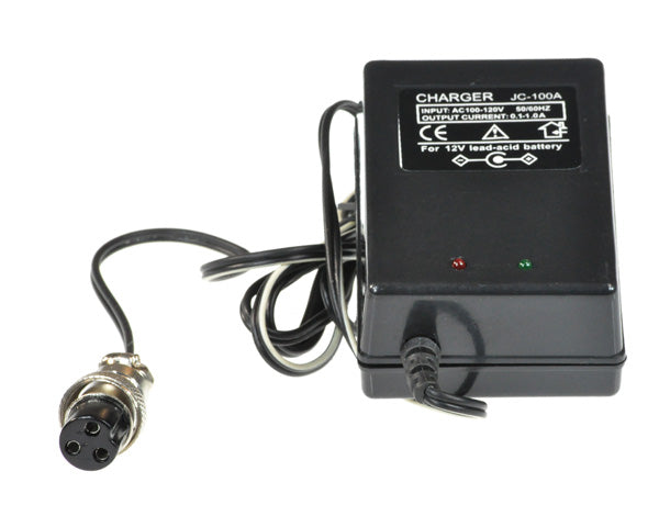 12 Volt 400 mA (0.4 Amp) 3-Prong Battery Charger (Standard) close-up showing wires and a 3-prong connector, designed for 12-volt systems with a multi-color LED indicator for charge completion.