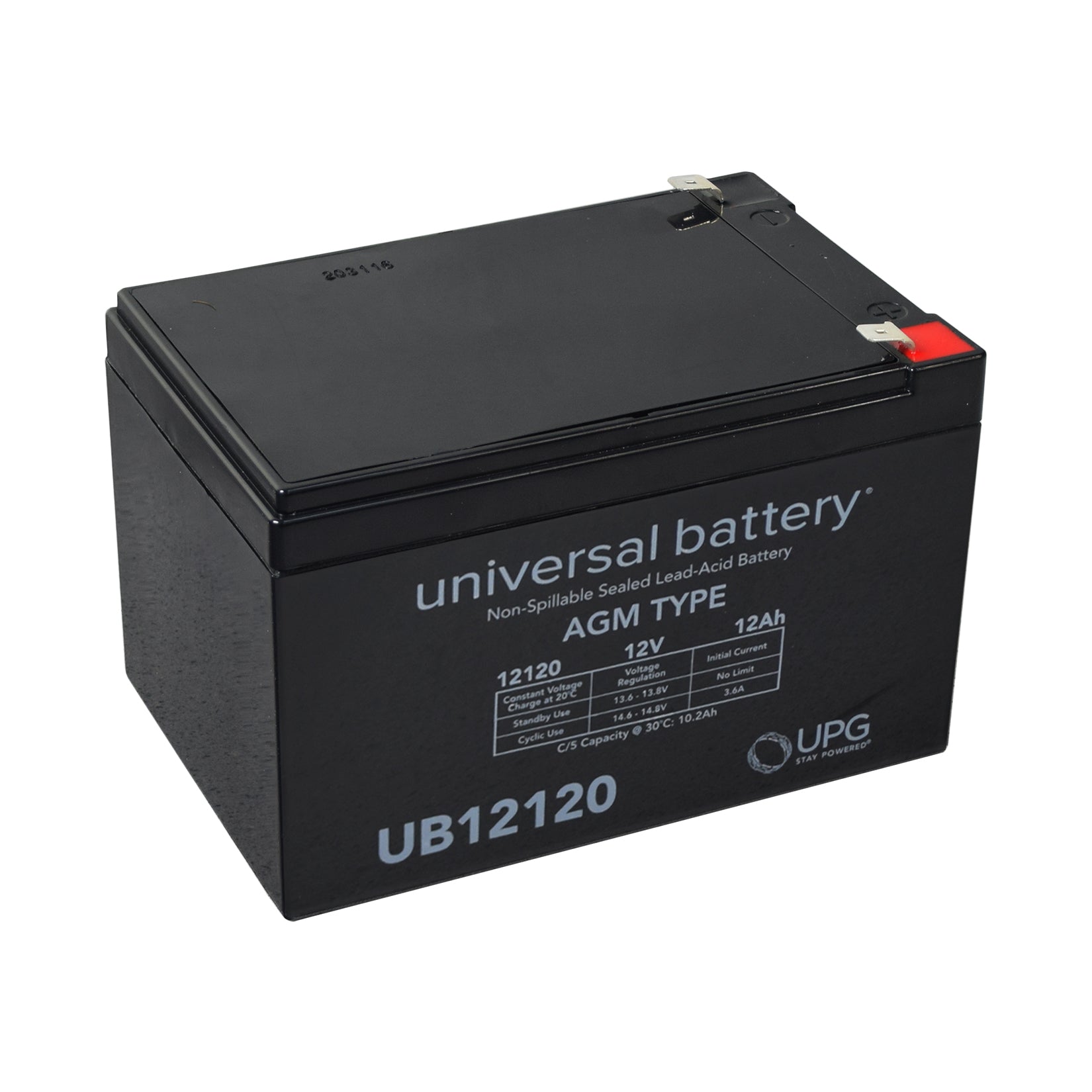 12 Ah 12 Volt UB12120 AGM Scooter Battery, a black rectangular sealed lead acid battery with white text and metal hinges, designed for electric scooters.