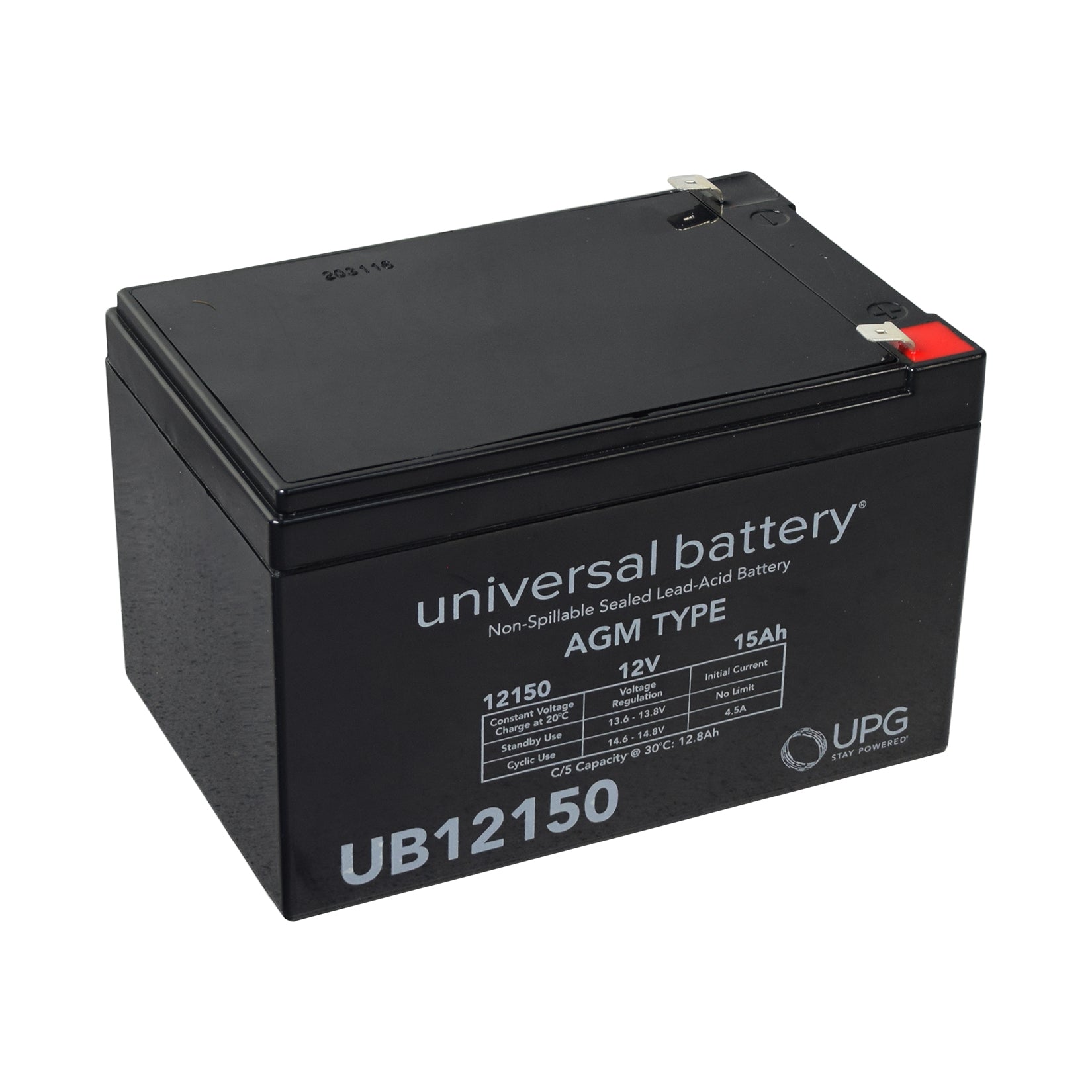 15 Ah 12 Volt UB12150 AGM Scooter Battery close-up, black rectangular battery with white text and metal hinge, designed for deep-cycle performance and superior power-to-weight ratio.