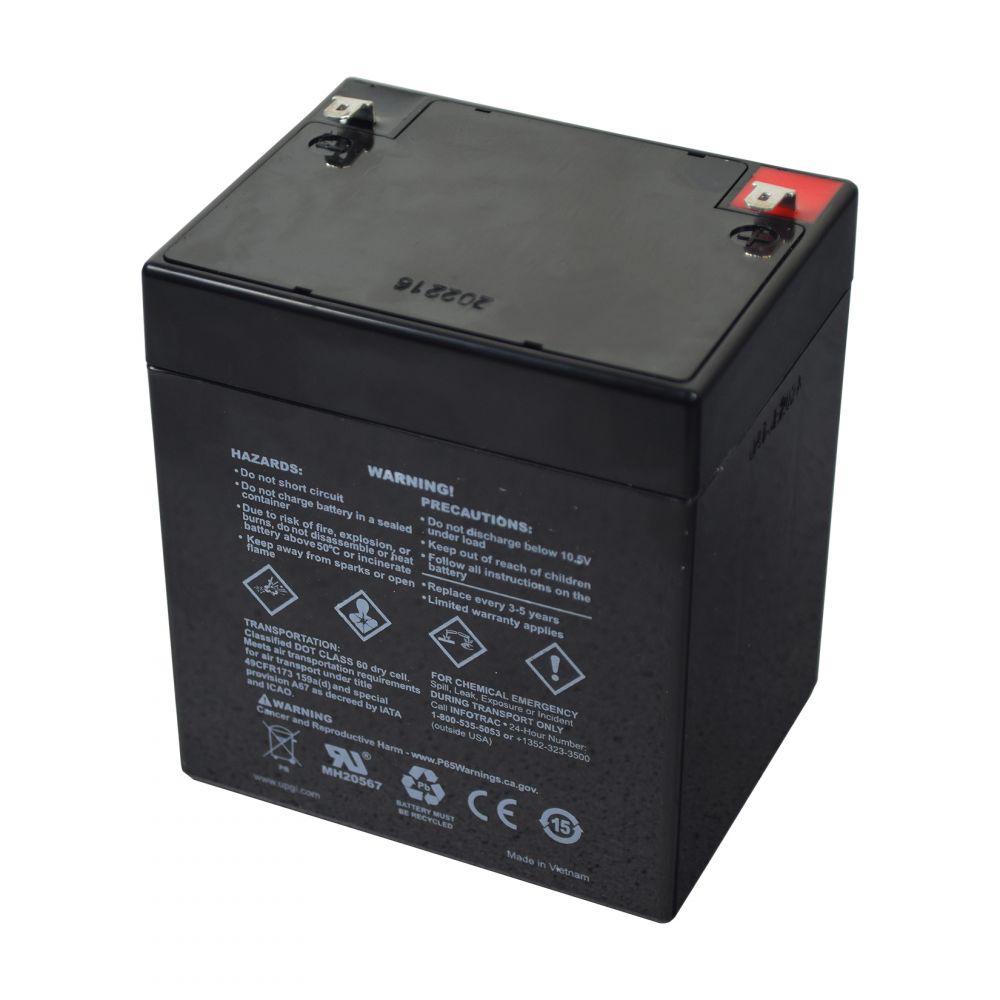 12 Volt 5 Ah Battery for the Kidzone 12V Bumper Car Ride On Toy, featuring a black rectangular body with a red and white label and visible caution symbols.