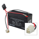 12 Volt Battery for the Razor E90 Accelerator, Power Core 90, Power Core E90, and Power Core E90 Glow, featuring a black battery with attached red and black wires for easy installation.