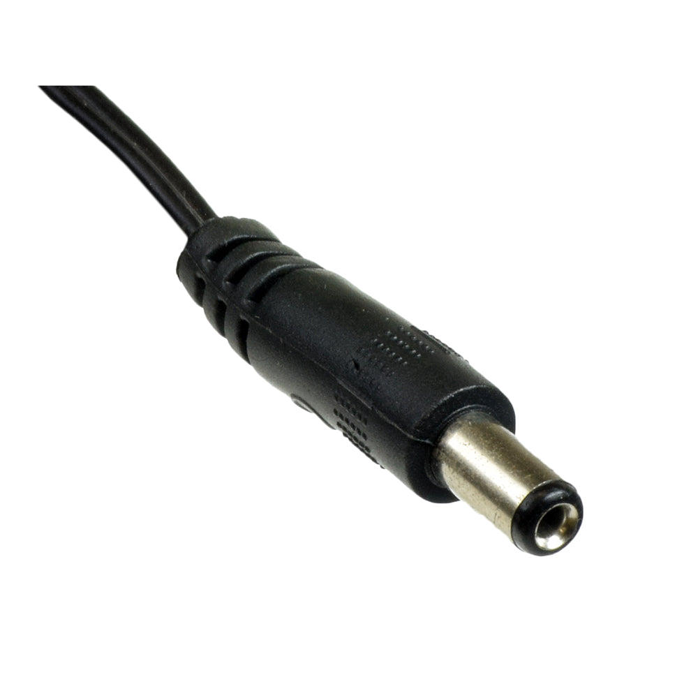 12 Volt 0.8 Amp 2.1mm ID Coaxial Battery Charger featuring a black power cord with a silver tip, close-up view.