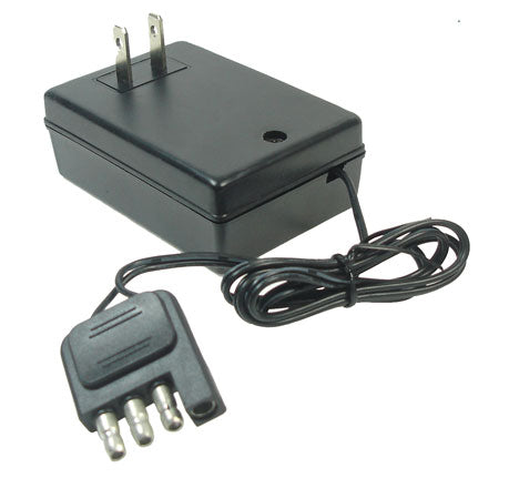 12 Volt 1.0 Amp Flat 4-Prong Charger for Ride-On Toys (Standard) featuring a black power adapter with a wire and three metal tips, compatible with single 12-volt battery systems.