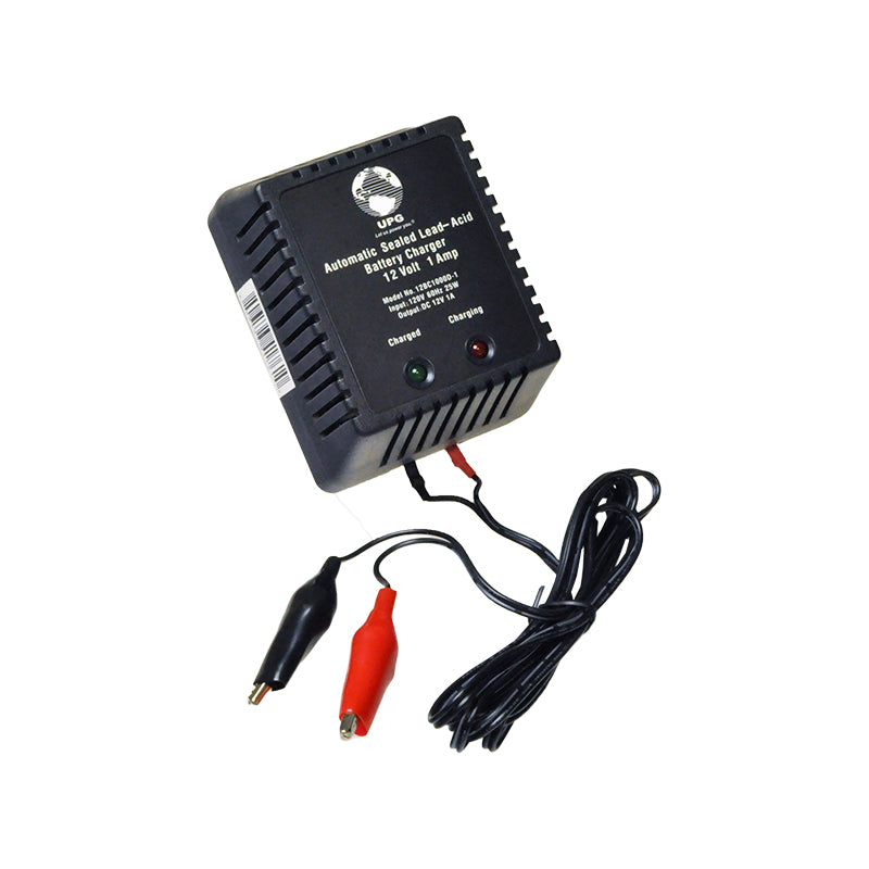 12 Volt 1.0 Amp 12BC1000D-1 Battery Trickle Charger featuring red and black wires, alligator clamp connectors, and LED indicators for charging status.