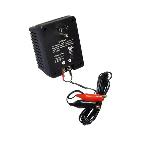 12 Volt 1.0 Amp 12BC1000D-1 Battery Trickle Charger with a black box, red and black jumper cables, and alligator clamp connectors for recharging sealed lead acid batteries.