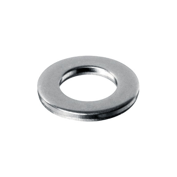 Close-up of the 1/2x1-1/16 Flat Washer (WASSTND1051), a circular, metal component essential for transaxle assemblies in Pride Mobility scooters, showcasing its smooth, silver surface and precise dimensions.