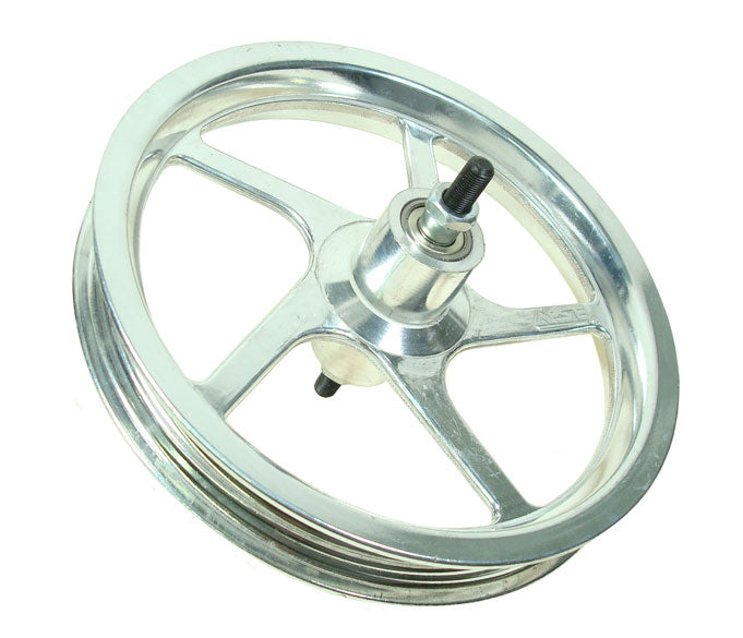 Close-up of a 12-1/2 x 3.0 (12.5x3.0) chrome front rim with 5 spokes, designed for Currie Technology electric scooters, compatible with 3.0 Currie Street V-Groove and Knobby Dirt Bike Tires.