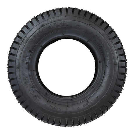 12x5.00-6 Pneumatic Tire for the Razor Dirt Quad (Versions 19+), close-up view of the tread and sidewall, designed for optimal performance and compatibility with the specified quad models.