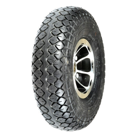 4.00-5 (13x4, 330x100) Rear Wheel Assembly for the Drive Odyssey Mobility Scooter, featuring a black tire with a silver rim, designed for solid, flat-free dependability indoors or outdoors.