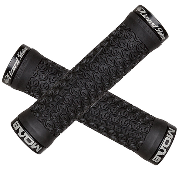 130 mm Lock-On Moab Grips for Bikes & Scooters: a pair of black handlebars with raised textures for a comfortable grip, including grips, clamps, screws, and plugs.