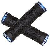 130 mm Lock-On Moab Grips for Bikes & Scooters, featuring raised texture and black handlebars, ensuring a comfy grip for mountain bikes or pro-style kick scooters. Includes grips, clamps, screws, and plugs.