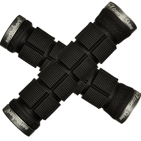 130 mm Lock-On Northshore Grips for Bikes & Scooters featuring textured, shock-absorbing black handles and black handlebars, designed for a comfortable and controlled ride.