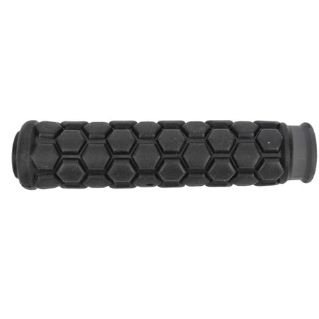 130mm Shaped Handlebar Grips with a black, hexagon-patterned surface for enhanced grip, suitable for bikes and scooters. Close-up shows textured rubber for improved handling.