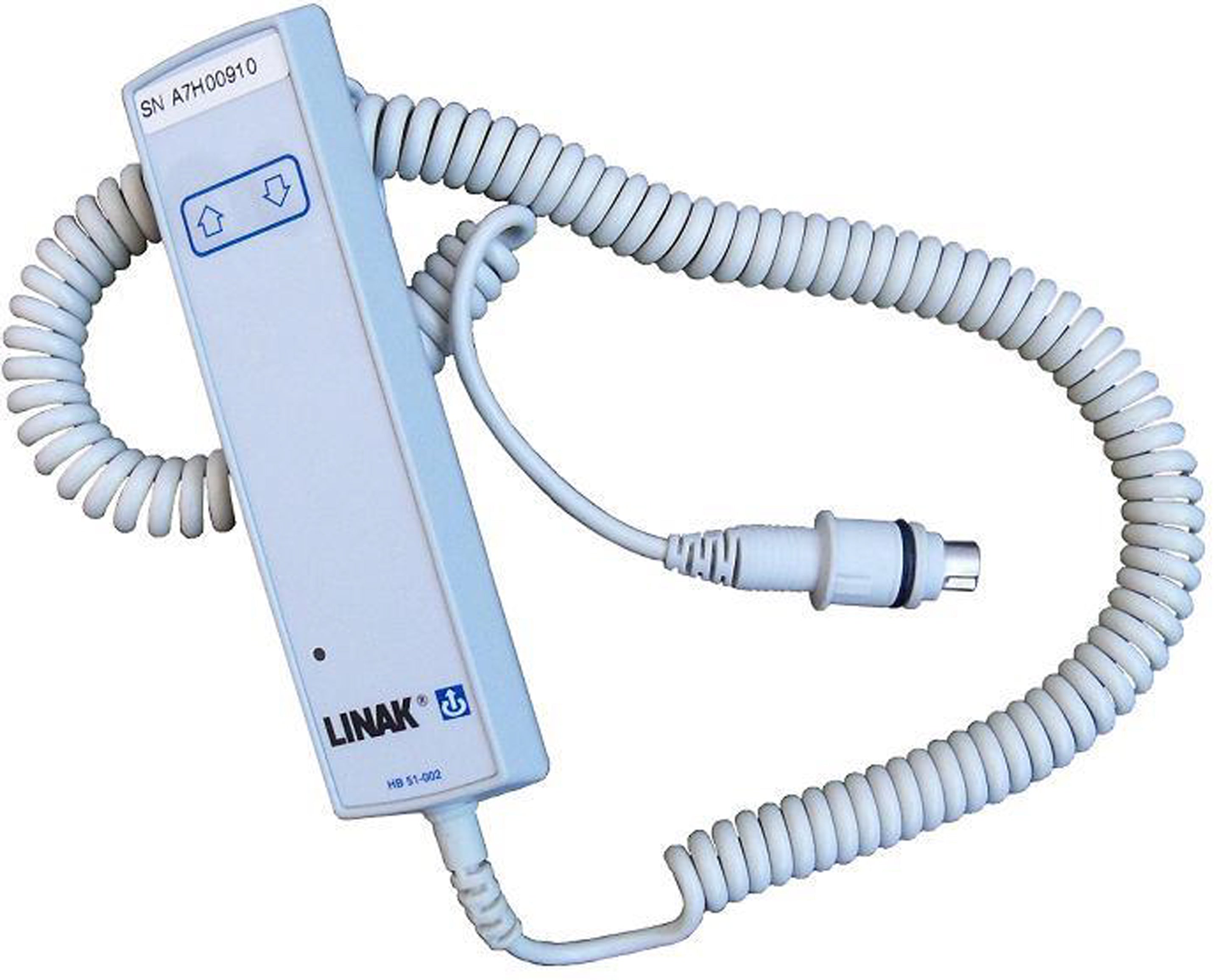 Hand Control for the Drive Medical Battery Powered Patient Lift, featuring a white corded device with two buttons, designed to plug into the charger/control box for easy operation by patient or attendant.