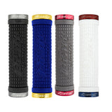 130 mm Lock-On Peaty Grips for Bikes & Scooters, shown as a close-up of multiple colorful handlebars with secure lock-on clamps and textured surfaces for enhanced grip and control.