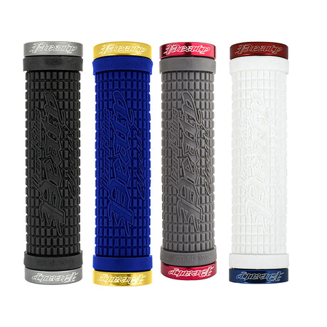 130 mm Lock-On Peaty Grips for Bikes & Scooters, shown as a close-up of multiple colorful handlebars with secure lock-on clamps and textured surfaces for enhanced grip and control.