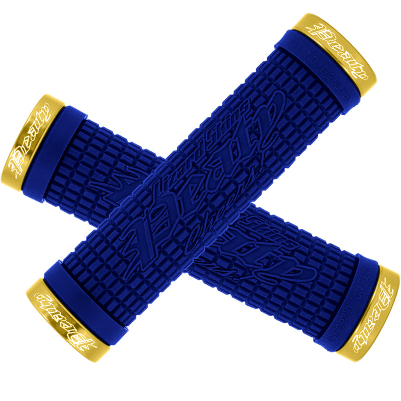 130 mm Lock-On Peaty Grips for Bikes & Scooters, featuring a blue and gold handlebar design with secure lock-on clamps, ensuring stability and excellent grip for intense rides.