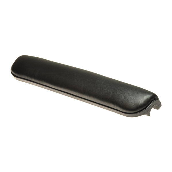 13-1/2 x 3 Black Upholstered Armrest Pad for mobility scooters and power chairs, shown as a sleek black armrest, ideal for Invacare and Quantum models.